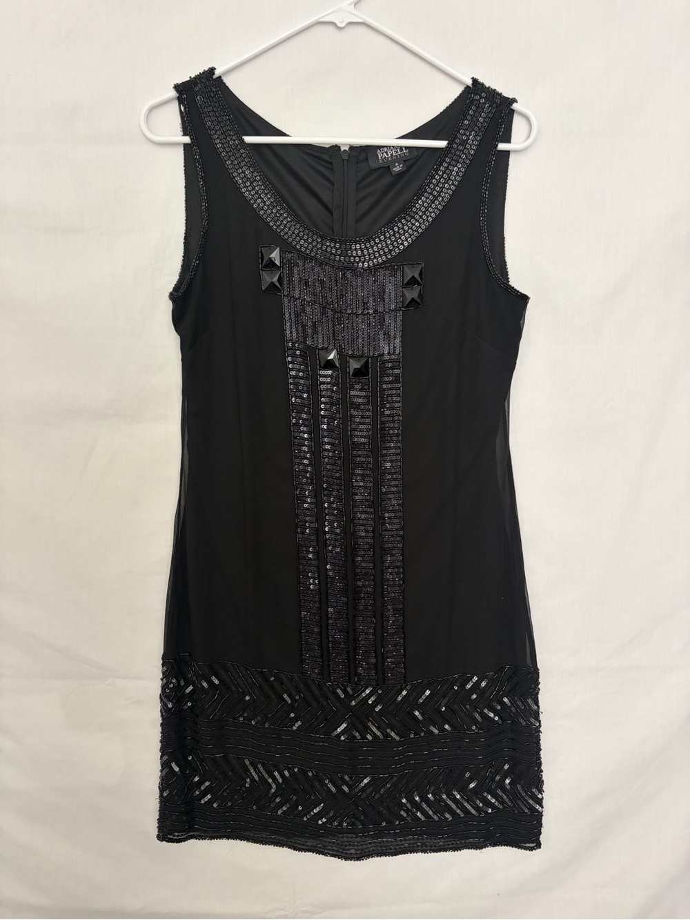 Adrianna Papell Evening Size 4 Black Silk Beaded Sequined Flapper Dress(A918)